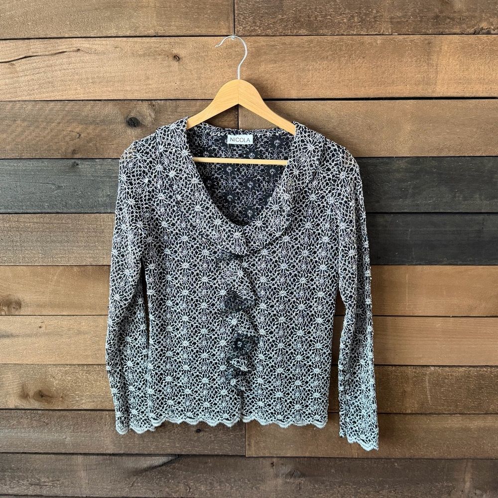 Vintage 90s Nicola Black White Crochet Knit Cardigan Floral Mesh Top